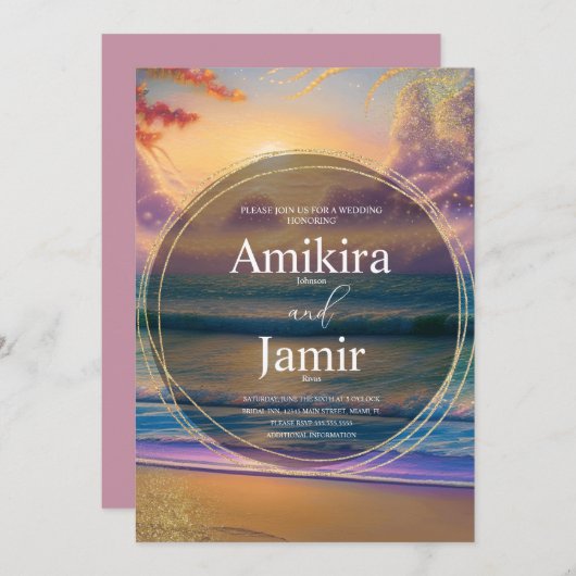 Vibranly Beach Background Glitzer Wedding Einladung (Vorne/Hinten)