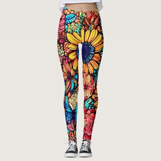 Vibrannende Blütendoodle-Explosion Leggings (Vorderseite)