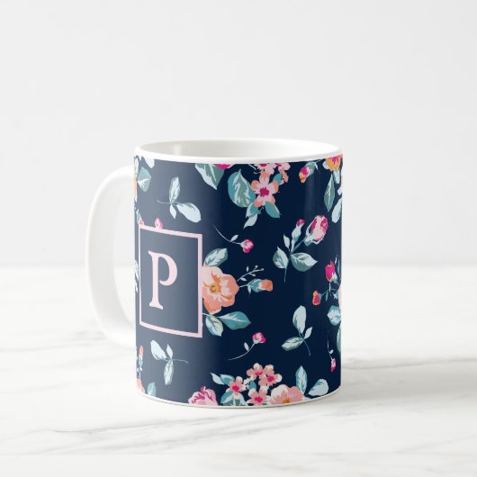 Vibrannendes rosa Roses Blumenmuster Monogramm Kaffeetasse (Vorderseite Links)