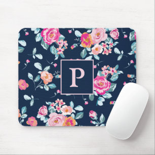 Vibrannendes rosa Roses Floral Monogramm Mousepad