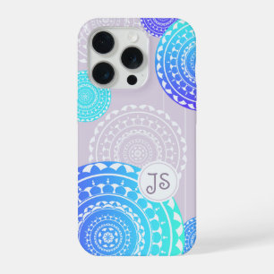 Vibrannt Aqua Blue Random Mandala auf rosa Monogra iPhone 15 Pro Hülle