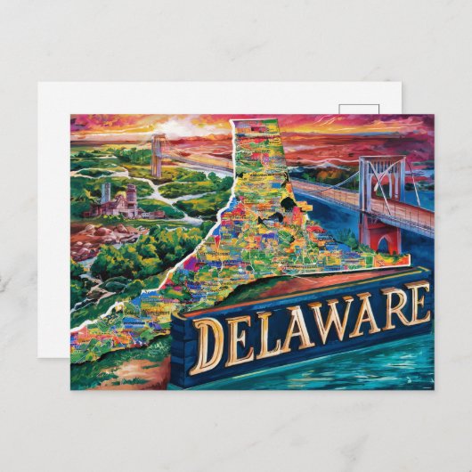 Vibrannt Delaware Map Art Postkarte (Vorne/Hinten)