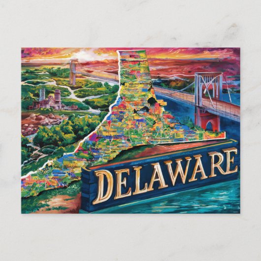 Vibrannt Delaware Map Art Postkarte (Vorderseite)