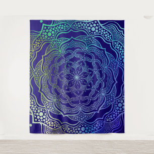 Vibrannt Mandala Boho Chic Elegant Navy Blue Green Wandteppich