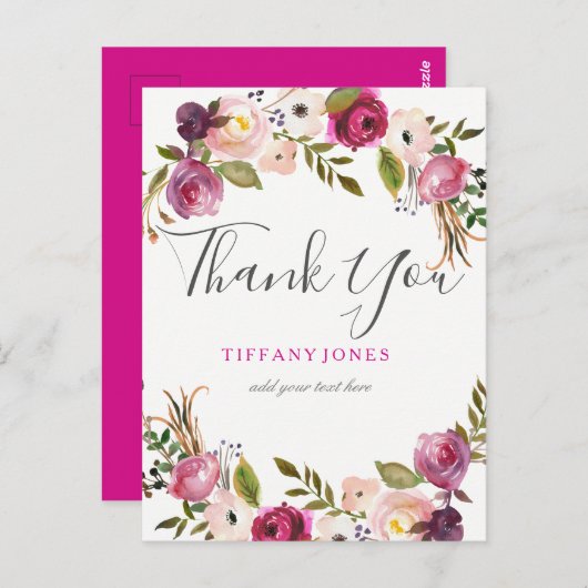 Vibrannt Pink Botanical Floral Vielen Dank Postkarte (Vorne/Hinten)