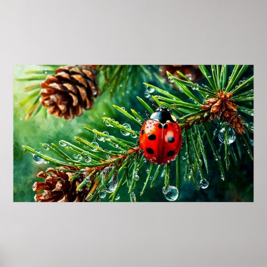 Vibrannte Ladybug auf Kiefernzweig Poster (Vorne)