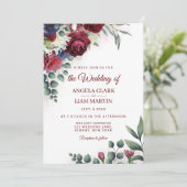 Vibrannte Marsala, Rosa, Blütenpracht, Navy Einladung (Stehend Vorderseite)