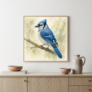 Vibrannte Watercolor Blue Jay auf Verzweigung Poster