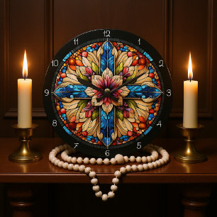 Vibranntes gestanztes Glas-Blumenkreuz Große Wanduhr