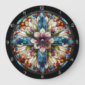 Vibranntes gestanztes Glas-Blumenkreuz Große Wanduhr (Vorderseite)