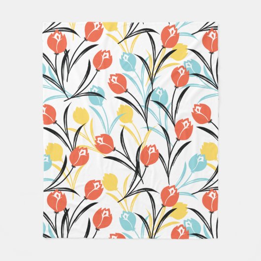 Vibranntes Tulip Muster Blumendesign auf Weiß Fleecedecke (Vorderseite)