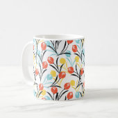 Vibranntes Tulip Muster Blumendesign auf Weiß Kaffeetasse (Vorderseite Links)