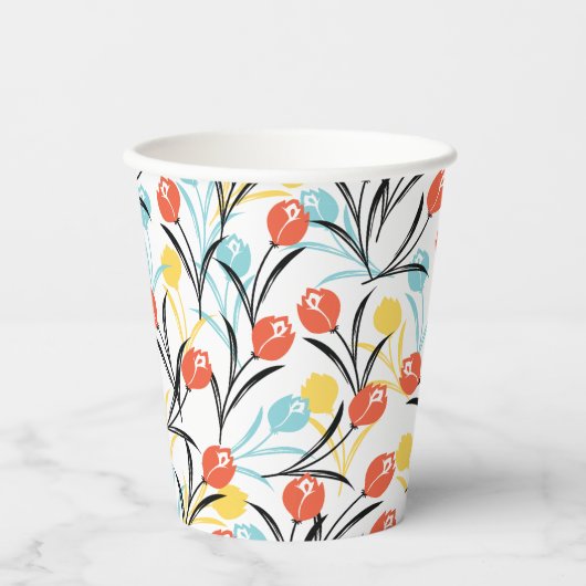 Vibranntes Tulip Muster Blumendesign auf Weiß Pappbecher (Vorderseite)