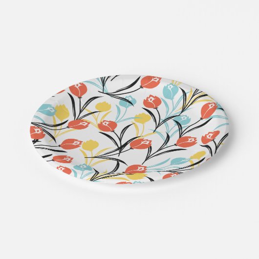 Vibranntes Tulip Muster Blumendesign auf Weiß Pappteller (Schrägansicht)