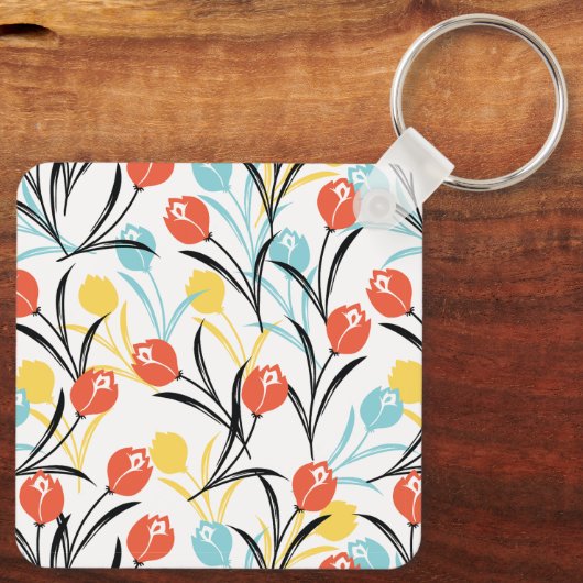 Vibranntes Tulip Muster Blumendesign auf Weiß Schlüsselanhänger (Rückseite)
