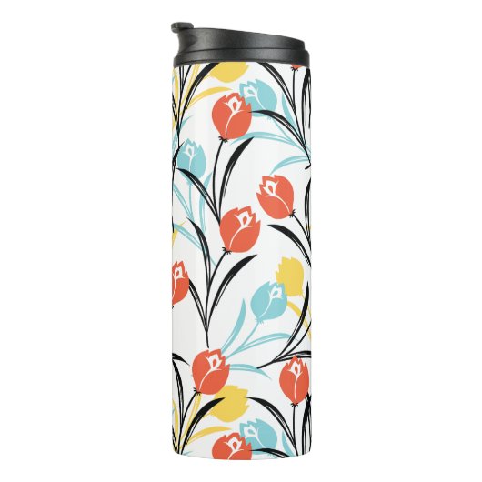 Vibranntes Tulip Muster Blumendesign auf Weiß Thermosbecher (Nach rechts gedreht)
