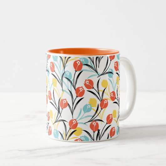 Vibranntes Tulip Muster Blumendesign auf Weiß Zweifarbige Tasse (VorderseiteRechts)