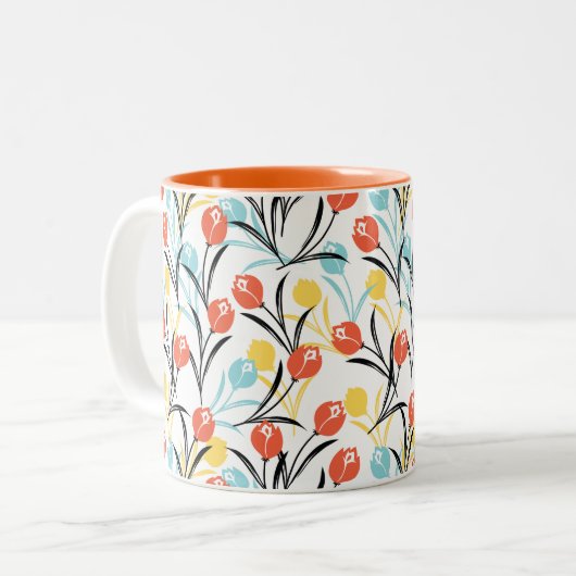 Vibranntes Tulip Muster Blumendesign auf Weiß Zweifarbige Tasse (Vorderseite Links)