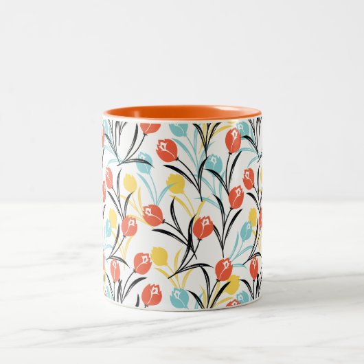 Vibranntes Tulip Muster Blumendesign auf Weiß Zweifarbige Tasse (Mittel)