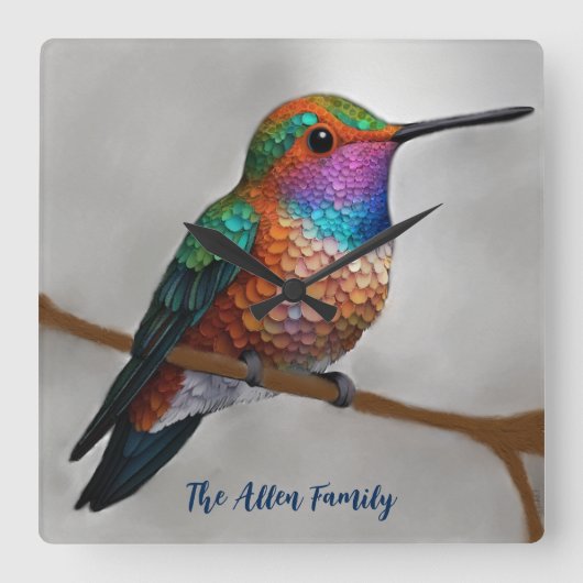 Vibrant Allen’s Hummingbird Painting Quadratische Wanduhr (Vorderseite)