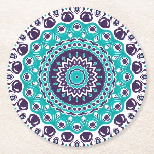 Vibrant Aqua and Plum Mandala Pattern Runder Pappuntersetzer (Vorderseite)