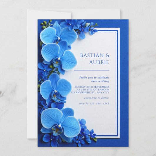 Vibrant Azure Blue Botanical Orchid Wedding Einladung (Vorderseite)