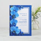 Vibrant Azure Blue Botanical Orchid Wedding Einladung (Stehend Vorderseite)