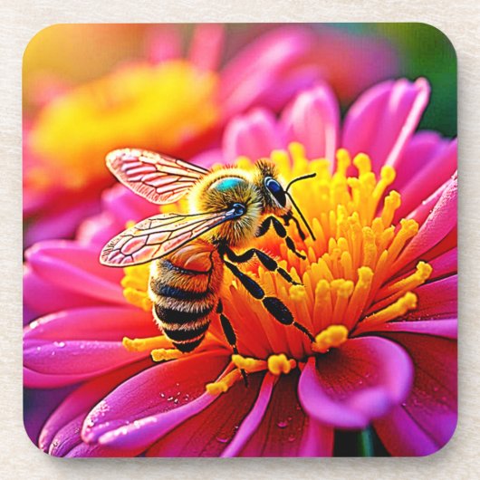 Vibrant Bee on Bloom Design Getränkeuntersetzer (Vorderseite)