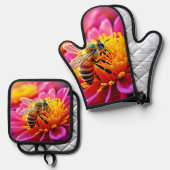 Vibrant Bee on Bloom Design Ofenhandschuh & Topflappen-Set (Vorderseite/Rückseite)