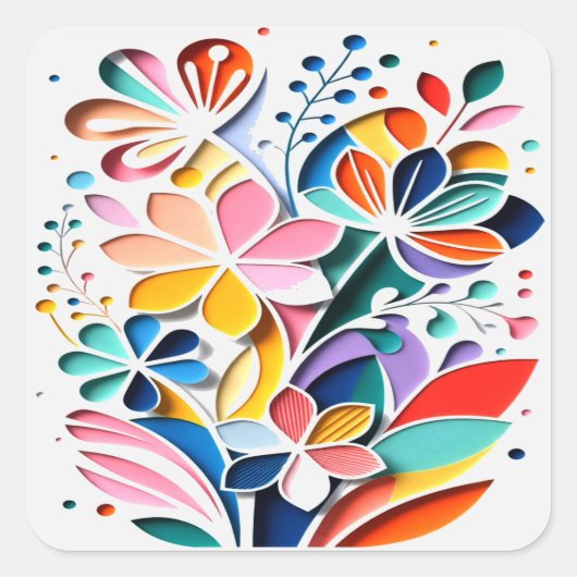 Vibrant Bloom Symphony Modern Paper-Cut Floral Art Quadratischer Aufkleber (Vorderseite)