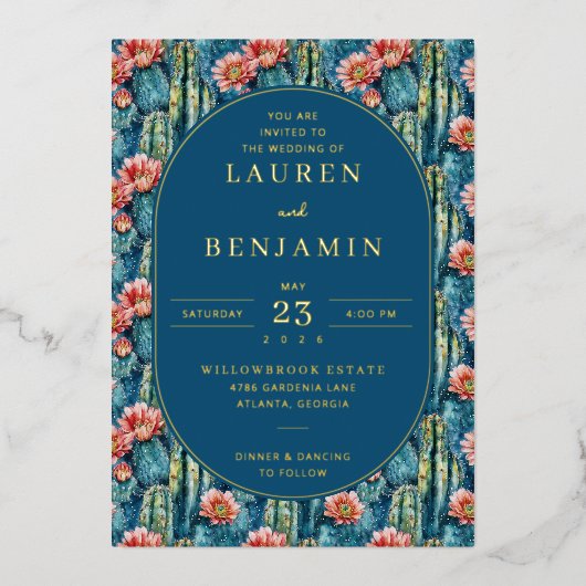 Vibrant Blue Cactus Watercolor Pattern Folieneinladung (Vorderseite)