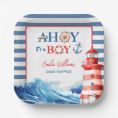 Vibrant Blue Red Coastal Lighthouse Baby Shower Pappteller (Vorderseite)