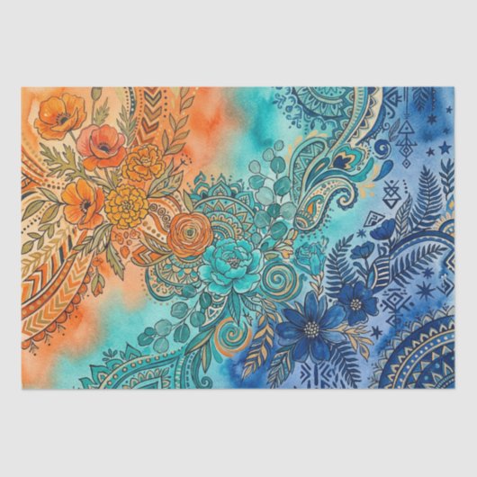Vibrant Boho Rainbow Gradient Floral Seidenpapier (Vorderseite)