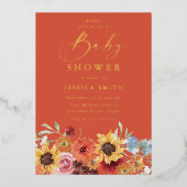 Vibrant Bold Floral Summer Baby Shower Gold Folieneinladung (Vorderseite)