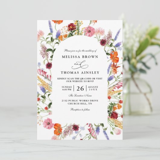 Vibrant Bold Watercolor Wildflower QR Code Wedding Einladung (Stehend Vorderseite)