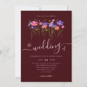 Vibrant Bold Wildflowers Burgundy Pink Wedding Einladung (Vorderseite)