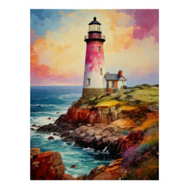 Vibrant Breton Coast Lighthouse - Impressionistic Poster