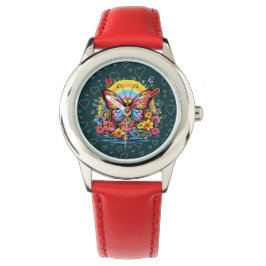 Vibrant Butterfly Floral Garden Women's Red Watch Armbanduhr