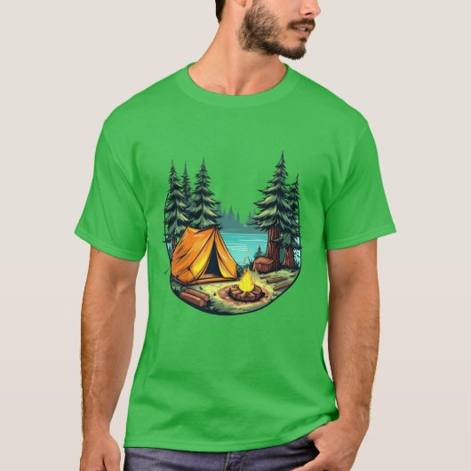 Vibrant Cartoon Camping Scene Withent FireTrees vi T-Shirt (Vorderseite)
