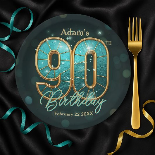 Vibrant Chic Teal Gold Metallic 90th Birthday Pappteller