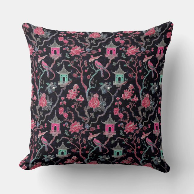 Vibrant Chinoiserie Pagoda and Birds Kissen (Vorderseite)