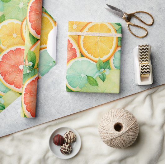 Vibrant Citrus Slice Watercolor Wrap Geschenkpapier (Kunsthandwerk)