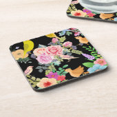 Vibrant Colorful Birds and Flowers Art on Black Getränkeuntersetzer (Linke Seite)
