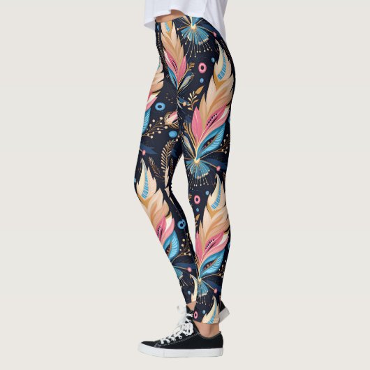 Vibrant Colorful Boho Tribal Feathers Dark Aesthet Leggings (Links)