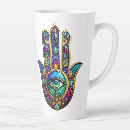 Vibrant Colors Hamsa Turquoise Yellow Third Eye  Milchtasse (Rechts)
