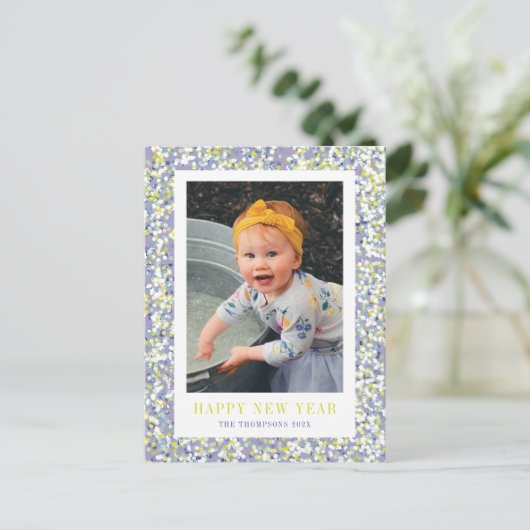 Vibrant Confetti Neujahr Foto Postkarte (Stehend Vorderseite)