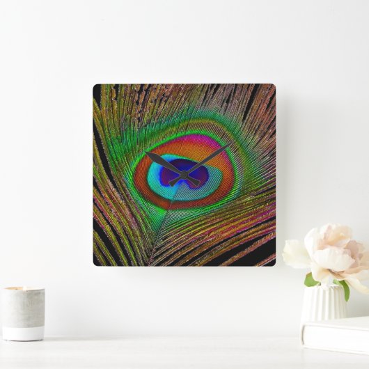 Vibrant Copper Peacock Feather Quadratische Wanduhr (Zuhause)