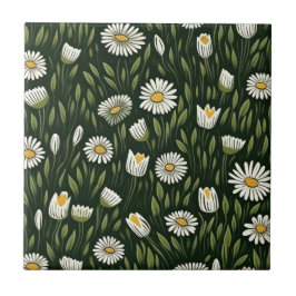 Vibrant Daisy Pattern with Lush Green Accents Fliese