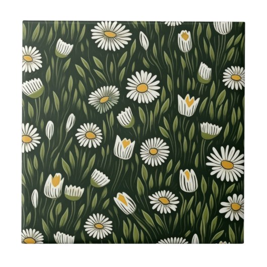 Vibrant Daisy Pattern with Lush Green Accents Fliese (Vorderseite)