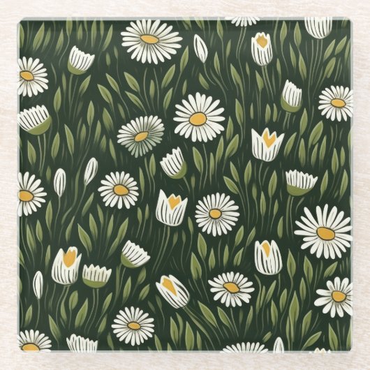 Vibrant Daisy Pattern with Lush Green Accents Glasuntersetzer (Vorderseite)
